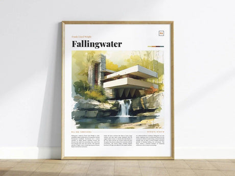 A framed poster of Frank Lloyd Wrights Fallingwater displays a watercolor illustration of the iconic architectural design, set amidst a natural landscape with trees and a waterfall.