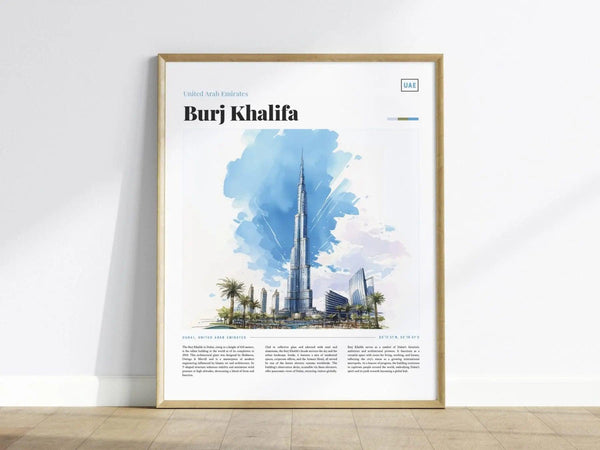 Framed watercolor illustration of the Burj Khalifa against a blue sky, showcasing its towering structure surrounded by palm trees and modern buildings. The artwork is titled Burj Khalifa, UAE.