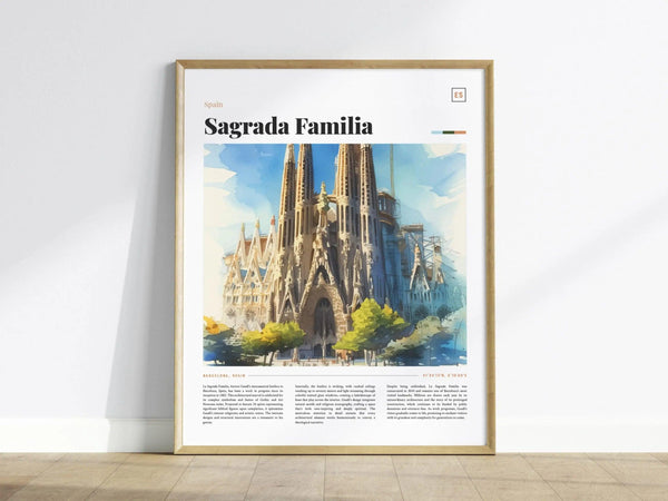Framed poster of the Sagrada Familia with a watercolor illustration of the iconic cathedral against a blue sky. Text at the bottom describes the basilicas architectural details.