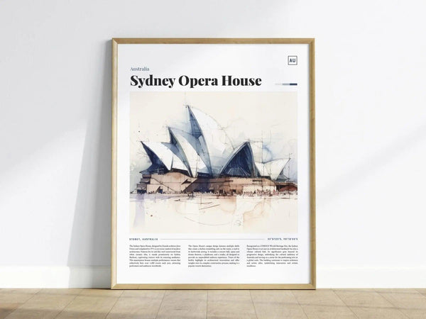 A framed poster of the Sydney Opera House, showcasing a watercolor illustration of its iconic sail-shaped architecture. The background features a minimalist design with text detailing the location and significance of the landmark.
