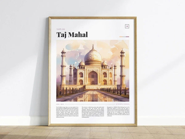 A framed poster of the Taj Mahal, featuring a watercolor illustration of the iconic ivory-white marble mausoleum surrounded by lush greenery and reflecting water.
