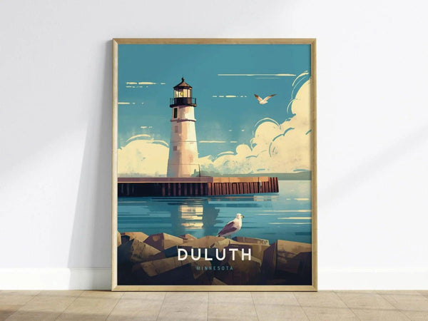 Framed poster featuring a white lighthouse with a black top, set against a blue sky and ocean, with seagulls flying. Text reads Duluth, Minnesota.