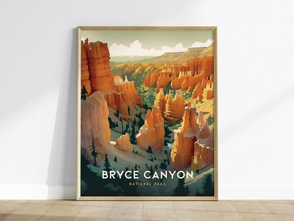 Framed print depicting Bryce Canyons iconic hoodoos in vibrant orange and red hues under a bright sky, with text reading Bryce Canyon National Park at the bottom.
