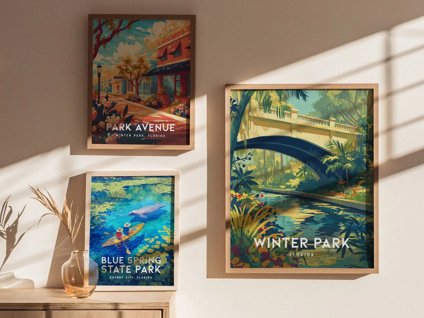 Winter Park, Orlando, Florida - Scenic Lush Stream Bridge Wall Art Poster Design Central FL Travel Print Home Rental Decor Gift Set Artwork