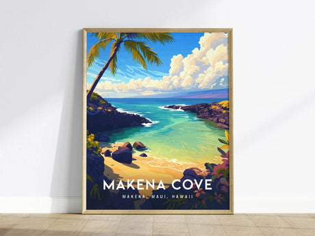 Framed poster of Makena Cove, Maui, depicting a vibrant beach scene with turquoise water, white sand, lava rocks, palm trees, and a colorful sky.