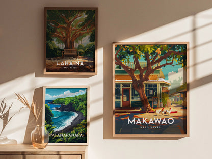 Makawao, Maui, Hawaii | Upcountry Paniolo Country Town Island Framed Wall Art Poster Travel Artwork Hawaiian Lush Tropical Gift Decor Set