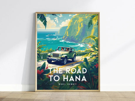 A vibrant poster depicting a green Jeep driving along the scenic Road to Hana in Maui, Hawaii, surrounded by lush tropical foliage and cliffs that drop into the turquoise Pacific Ocean.