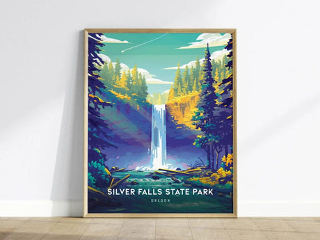 A vibrant illustration of Silver Falls State Park showcases a cascading waterfall surrounded by lush green trees and colorful foliage.