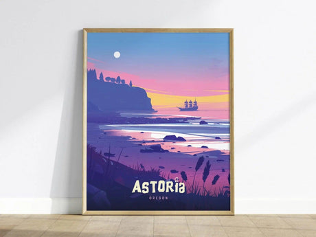 A vibrant illustration of a coastal scene in Astoria, Oregon, featuring a pirate ship sailing in the distance against a colorful sunset sky.