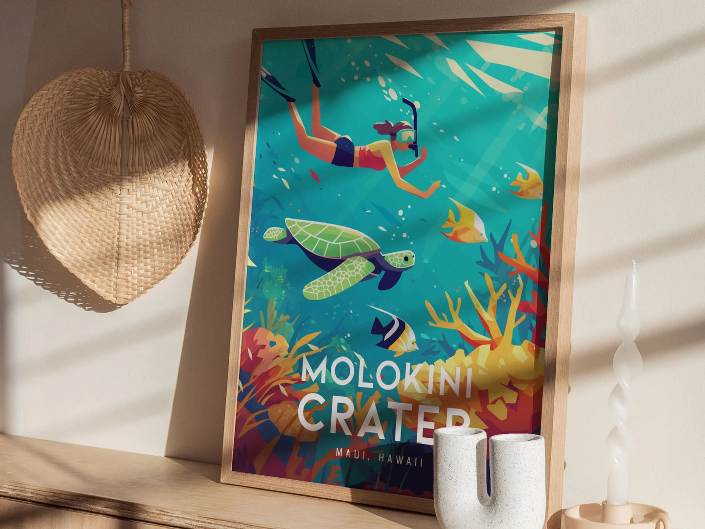 Molokini Crater, Maui, Hawaii | Snorkel Dive Sea Turtle Island Framed Wall Art Poster Travel Artwork Hawaiian Tropical Decor Honeymoon Gift