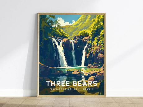 A vibrant poster of Upper Waikani Falls, also known as Three Bears Falls, showcases three cascading waterfalls surrounded by lush green foliage and rocky terrain, with the text THREE BEARS prominently displayed at the bottom.