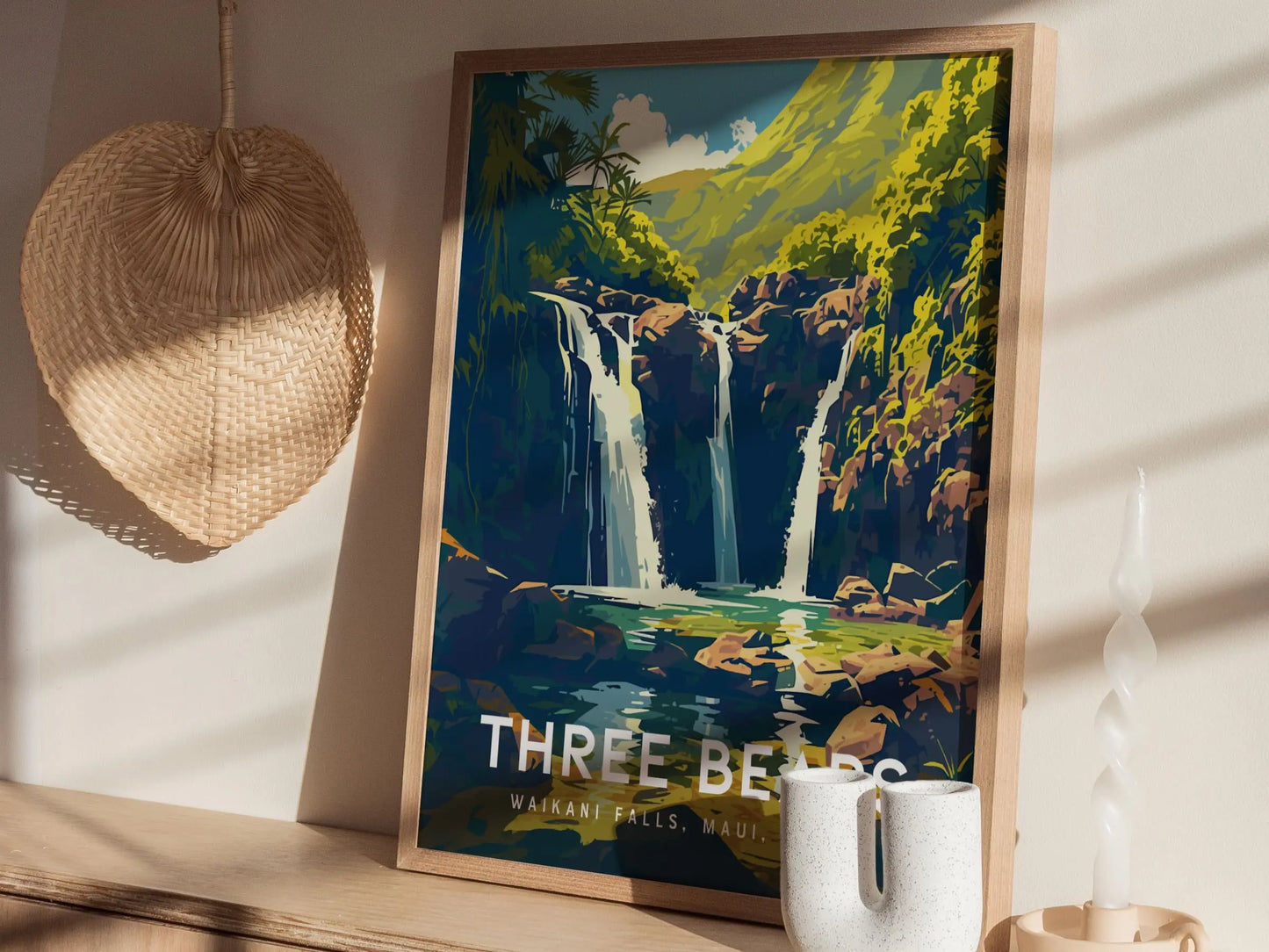 Three Bears Falls, Upper Waikani Waterfall, Maui, Hawaii | Island Framed Wall Art Poster Travel Artwork Hawaiian Tropical Hana Decor Gift