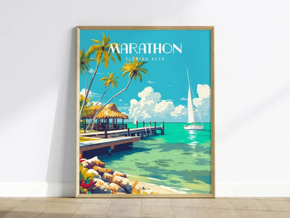 Marathon, Florida Keys Framed Wall Art - Sailboat Fishing Tropical Vacation Poster Travel Island Print Collection Home Beach Cottage Decor