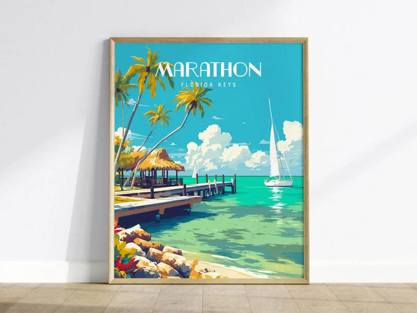 A framed poster depicts a serene coastal scene with palm trees, a thatched hut, a dock, and a sailboat on turquoise water under a clear blue sky.