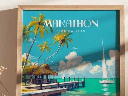 Marathon, Florida Keys Framed Wall Art - Sailboat Fishing Tropical Vacation Poster Travel Island Print Collection Home Beach Cottage Decor