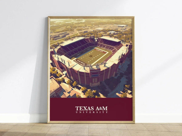 A framed poster of Kyle Field at Texas A&M University showcases an aerial view of the stadium, surrounded by greenery and buildings.
