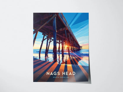 Nags Head Outer Banks Surfer Pier Framed Wall Art, North Carolina Beach Poster Design, OBX Surfing Unframed Print, Nags Head Home Decor Art