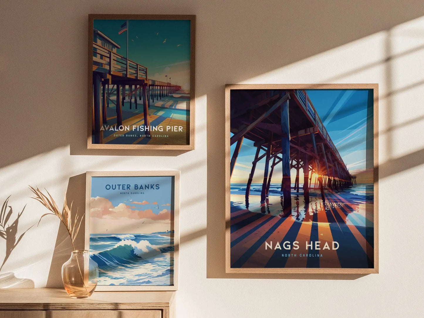 Nags Head Outer Banks Surfer Pier Framed Wall Art, North Carolina Beach Poster Design, OBX Surfing Unframed Print, Nags Head Home Decor Art