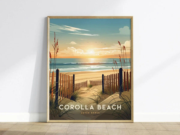 A beautifully framed poster of Corolla Beach featuring soft golden sands, gentle waves, and a vibrant sunset. The scene is bordered by tall grasses and a wooden fence, evoking a serene coastal atmosphere.