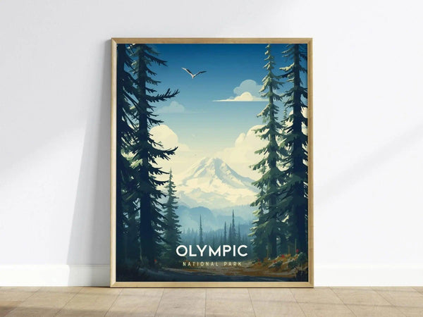 A framed poster of Olympic National Park featuring a serene landscape with tall evergreen trees, a snow-capped mountain in the background, and a clear blue sky.