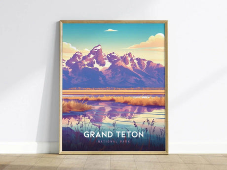Framed poster of Grand Teton National Park featuring vibrant, stylized mountains reflected in a calm lake. The scene includes colorful skies and foreground foliage, creating a serene, artistic landscape.