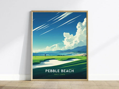 Framed poster of Pebble Beach Golf Links featuring a vibrant illustration of a golfer on a green course with dramatic clouds and a scenic coastal view.