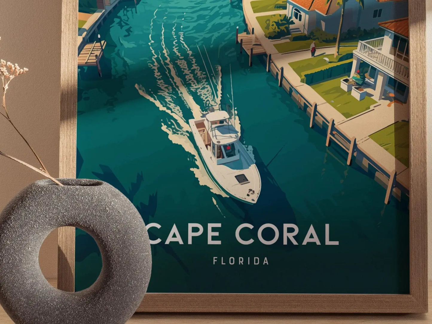 Cape Coral, Florida - Fort Myers Wall Art Poster Canal Fishing Boating South FL Travel Print Tropical Home Decor Gulf Fisherman Gift Set