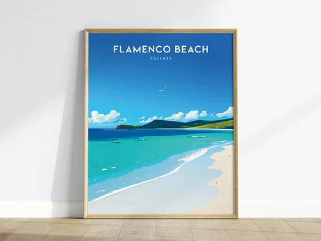 Framed poster of Flamenco Beach in Culebra, Puerto Rico, showcasing turquoise waters, white sand, and a clear blue sky. Perfect wall art for a tropical and serene ambiance.