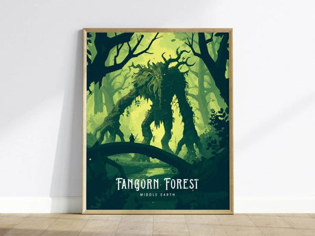 A framed poster depicting a mystical forest scene with a towering tree creature in vibrant green hues. The text Fangorn Forest, Middle Earth is displayed at the bottom.