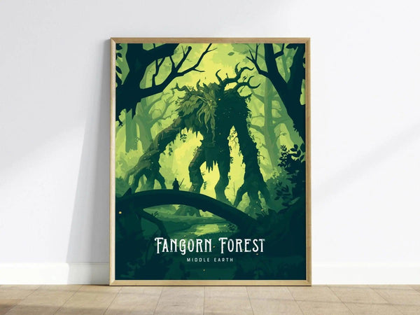 A framed poster depicting a mystical forest scene with a towering tree creature in vibrant green hues. The text Fangorn Forest, Middle Earth is displayed at the bottom.