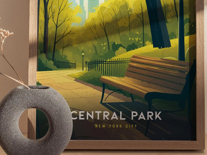 Central Park Poster, New York City Park View Art, Framed/Unframed NYC Wall Decor, Urban Park Bench Scene, Manhattan Skyline Gift