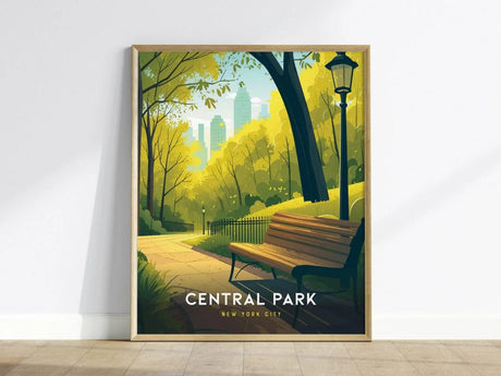 A vibrant art print of Central Park showcases a peaceful trail lined with lush trees and a park bench. The background features a stylized Manhattan skyline, highlighting the serene blend of nature and urban life in New York City.