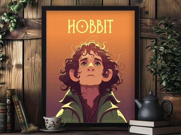 A framed poster featuring a cartoon-style character with curly hair, set against a warm orange background, labeled Hobbit. Surrounded by books, plants, a teapot, and a cup.
