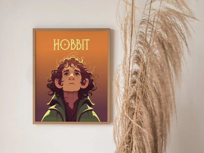 Hobbit Fantasy Character Portrait Framed Wall Art, LOTR Fan Gift, Game Room Decor, Mythical Folklore Bilbo Baggins Cottagecore Gamer Poster