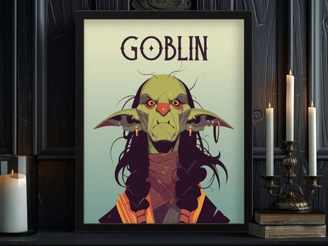 A striking fantasy art print features a goblin with green skin, sharp features, and long dark hair, wearing a brown garment. The word GOBLIN is prominently displayed above the character, enhancing the mystical ambiance of the artwork.