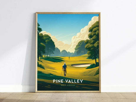 A framed poster of Pine Valley Golf Course features a golfer on a vibrant, stylized fairway with lush trees and clouds. The text Pine Valley Golf Course is visible below.
