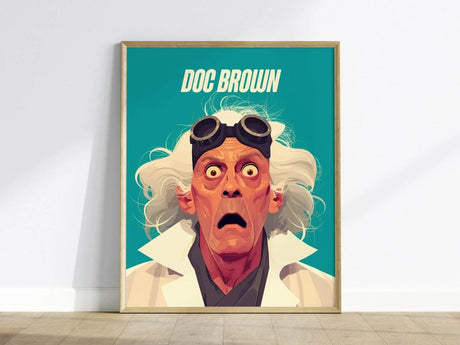 A framed poster of an illustrated character with wild white hair and goggles, labeled Doc Brown, is displayed against a teal background. The character has an expression of surprise.