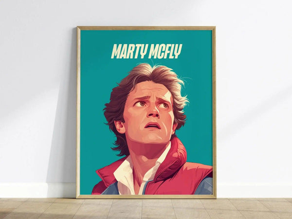 A vibrant poster of a young man with tousled hair, wearing a red vest over a white shirt, looking upwards with a concerned expression. The background is a bold teal, and the text MARTY MCFLY is prominently displayed at the top.