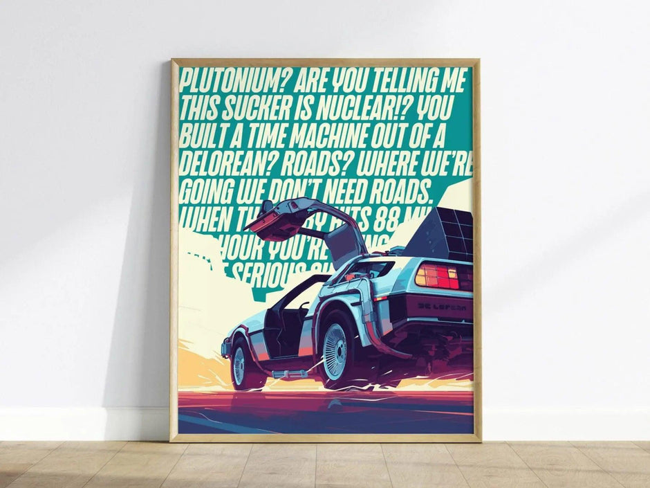 DeLorean Time Machine Back To The Future Framed Wall Art | 80s Scifi Movie Fan Poster Classic Car Fan Nostalgic Sci-Fi Film Decor Gift Set - Swell Scenes