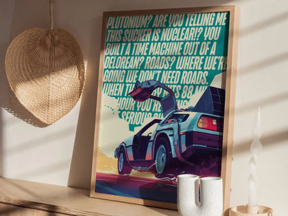 DeLorean Time Machine Back To The Future Framed Wall Art | 80s Scifi Movie Fan Poster Classic Car Fan Nostalgic Sci-Fi Film Decor Gift Set