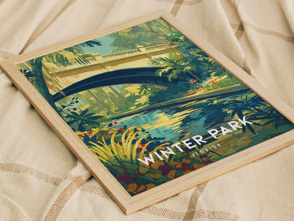 Winter Park, Orlando, Florida - Scenic Lush Stream Bridge Wall Art Poster Design Central FL Travel Print Home Rental Decor Gift Set Artwork