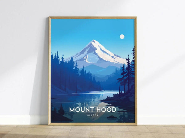 A framed poster of Mount Hood features a snow-capped peak, forested foothills, and a serene lake under a bright sky, creating a tranquil landscape scene.