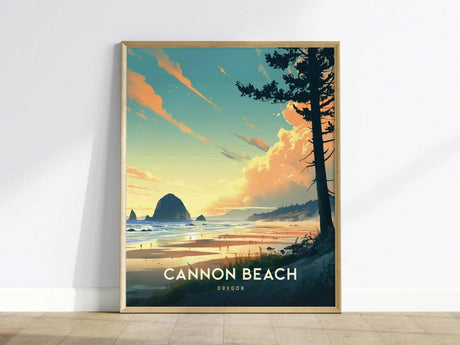 A vibrant poster of Cannon Beach, Oregon, showcasing a scenic view with dramatic clouds and a silhouette of Haystack Rock along the sandy shoreline.