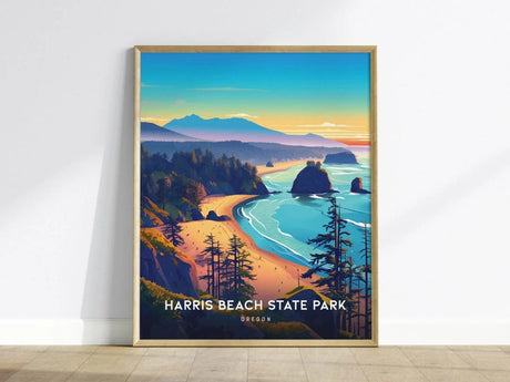 A framed poster of Harris Beach State Park features vibrant artwork of a coastal scene with cliffs, sea stacks, and a winding shoreline under a colorful sky.