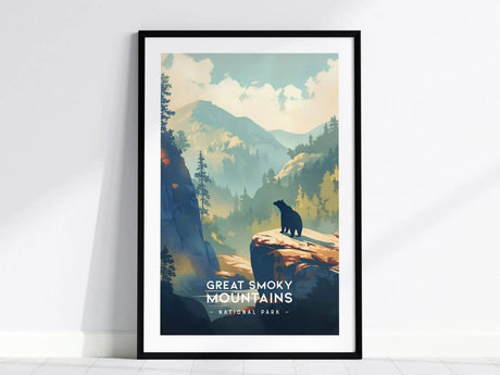 Framed minimalist poster of the Great Smoky Mountains, featuring layered mountains, misty skies, and a lone bear on a rock. The artwork highlights serene, natural beauty.