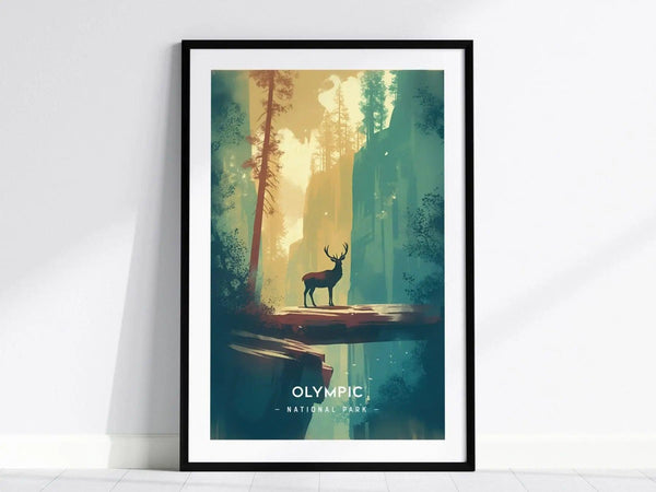 A minimalist poster of Olympic National Park features a stylized silhouette of a deer standing on a ledge surrounded by tall trees and a serene landscape.