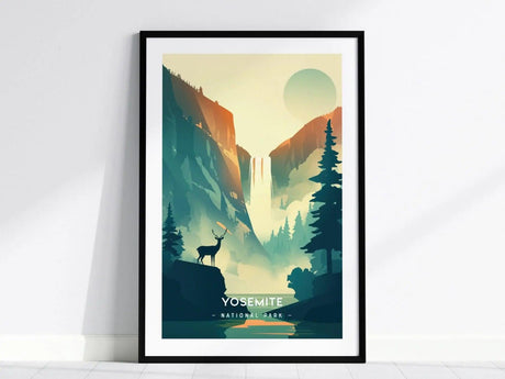 A framed, minimalist Yosemite National Park poster features a stylized deer, pine trees, and a waterfall under a large sun, captured in a serene color palette.