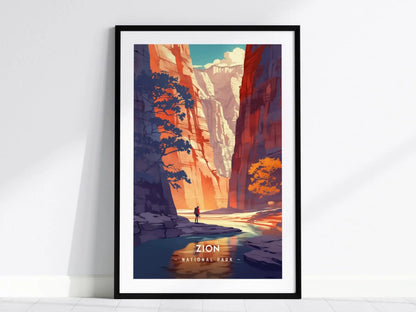 Zion National Park Minimalist Series Framed Wall Art, Utah Narrows Canyon Hiker Vintage Poster Design Minimal Home Decor Nature Gift Set