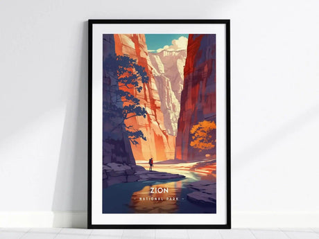 A minimalist poster of Zion National Park features vibrant red cliffs and a serene river, with a person standing beside the water. The artwork showcases bold shapes and clean lines, evoking the beauty of Utahs iconic landscape.