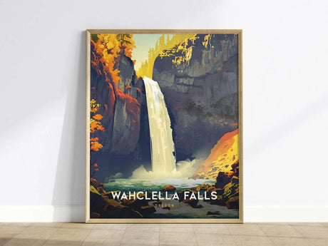 Framed poster featuring a stylized illustration of Wahclella Falls with vibrant autumn foliage and steep cliffs. The waterfall cascades into a serene pool, surrounded by lush scenery.